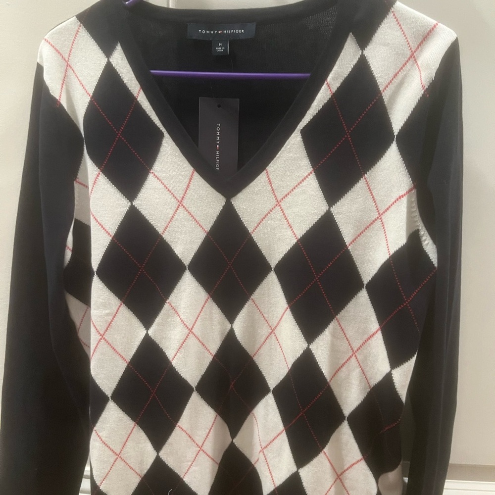 2 Tommy Hilfiger Women's V-Neck Argyle Sweater, Blue, White, Red